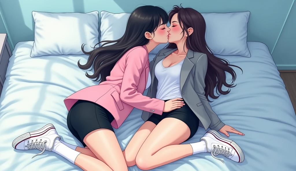 Two girls, long black hairs, yuri, lesbian
The first girl wear a pink suit jacket, white shirt, black pencil skirt, black underpants, white socks, white sneakers high top.
The second girl wore a grey suit jacket, white shirt, black pencil skirt, black underpants, white socks, white sneakers high top.
french kiss, lesbian kiss, hugging kiss, sensual body, straddle and lying on body, insert one hand black pencil skirt and touch to the black underpants, insert finger into pussy, closed eyes, lying on the bed, light blue bedroom, novel cartoon, 4K, HD