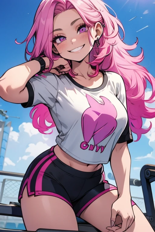 Perfect face. Perfect hands. A pink haired woman with violet eyes with an hourglass figure in tight tank top and tight running shorts is stretching in the park with a big smile