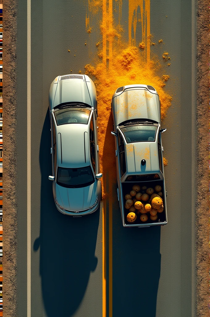 Aerial view of a road accident between two passenger cars, one of them is a pickup truck carrying radioactive material, this material spread across the road. There is no one else on the road besides these two cars, the collision was head-on