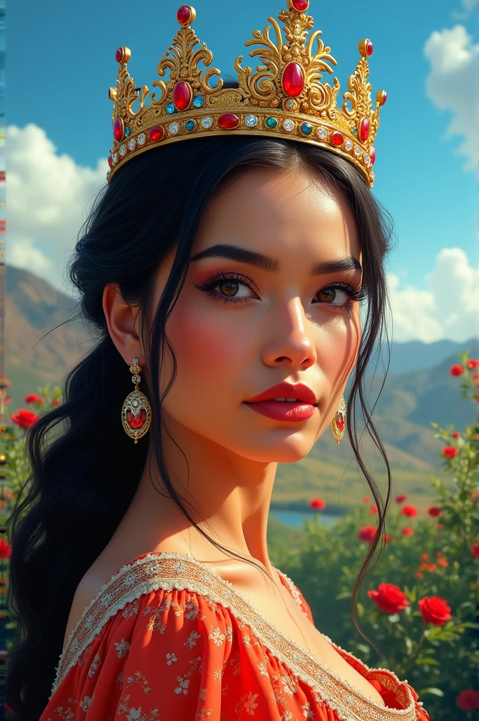 Eliza Ibarra with a crown and a Mexican landscape in the background