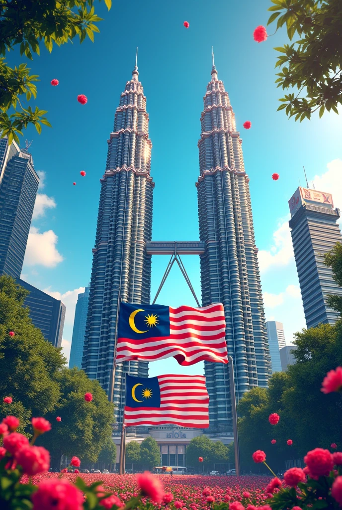 Malaysia 2024 independence day with malaysia flag with malaysia twin tower and insert word “Happy National Day”