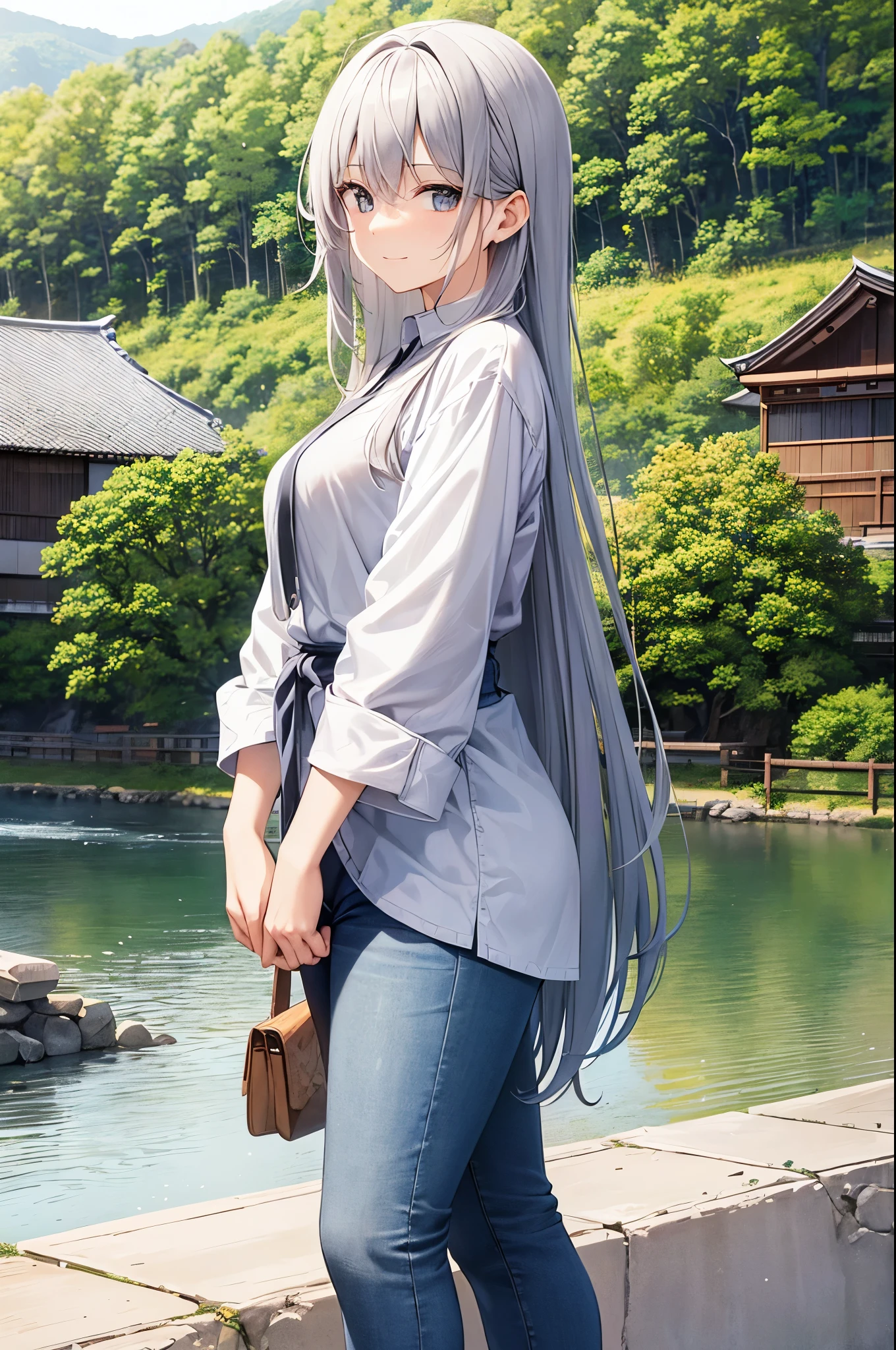 woman、Age: about 20、Facial calm expression、long hair、Silver Hair、casual、Rural city、shirt、jeans、Japanese countryside、Smiling gently、Looking this way、autumn、noon、river