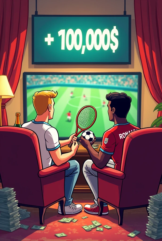 Créer une image pour le paris sportif . Il est censé y avoir deux  homme sur la photo, un de race blanche et l autre de race noire. est&#39 un porte une tenue de tennis  et l autre porte une tenue de foot avec ecrit sur le maillot floqué RONALDO que dans le dos du maillot  . Devrait-il porter une magnifique pièce d&#39;argent. Dans la main gauche, il devrait avoir une raquette de tennis  et l autre un ballon . sur l&#39;image, vous devriez voir une tele avec du sport  en arrière-plan , il devrait y avoir des liasses de billets partout dans la piece , il devrait y avoir des fauteuils de roi dont lequel sont assis les deux hommes  rester, et le tout devrait être en dessin animé et bien mettre une personne de race blanche et l'autre de race noire. , La personne blanche est blonde sans barbe , les deux  hommes sont vue  de dos , au dessus de la tele il doit il y avoir marqué + 10000$ et un des deux hommes saute de joie et il doit aussi avoir du champagne sur la table