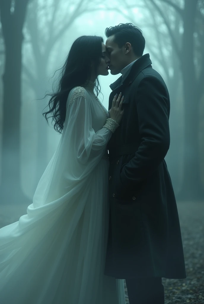 Make a ghost dressed in white and with black hair, whispering in the ear of a man in a trench coat in the fog