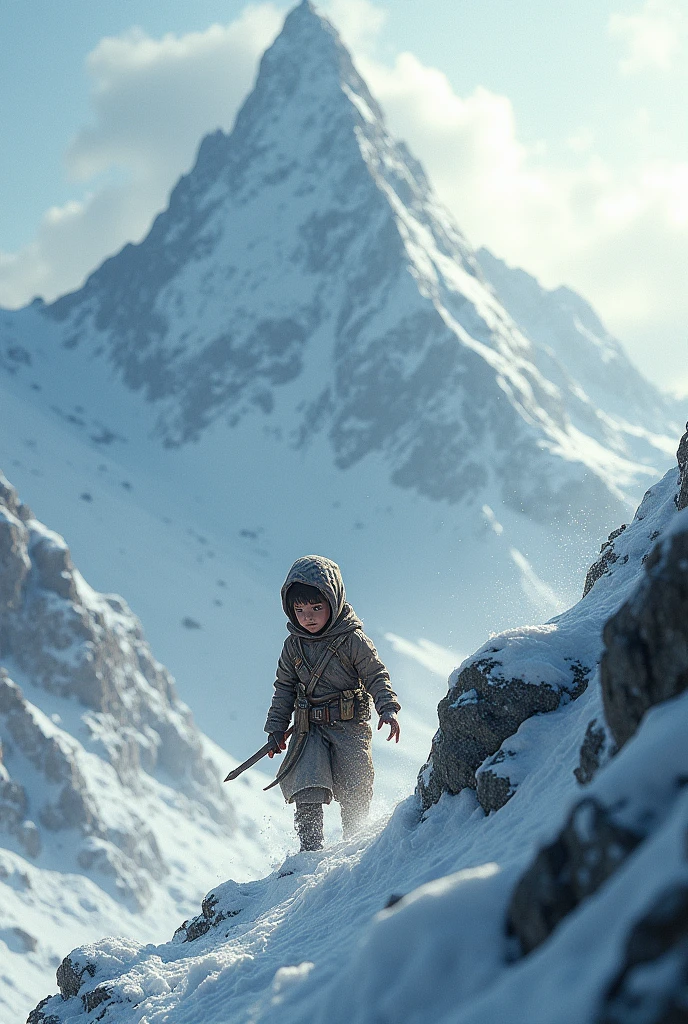 a helpless and wounded child going to the top of a mountain