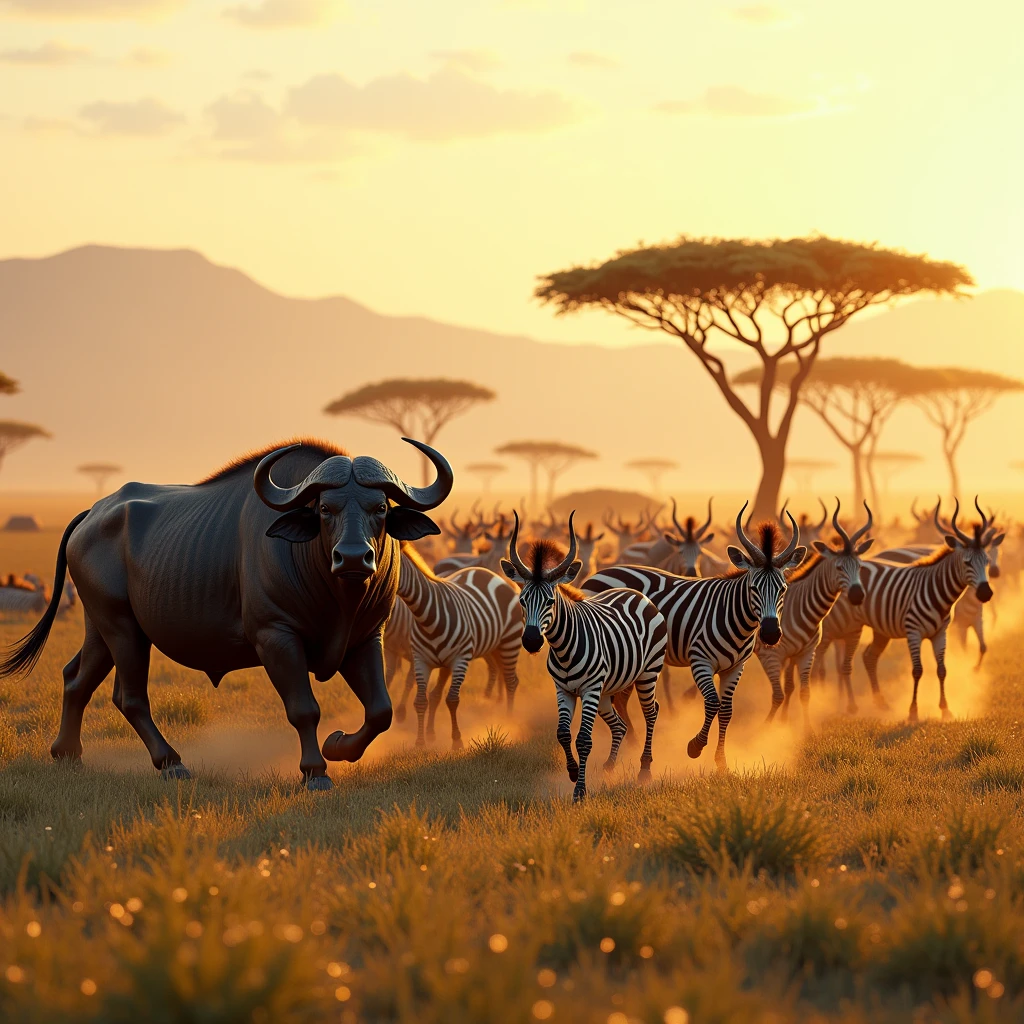 Herd of buffalo, Zebras and gnus in African savannah