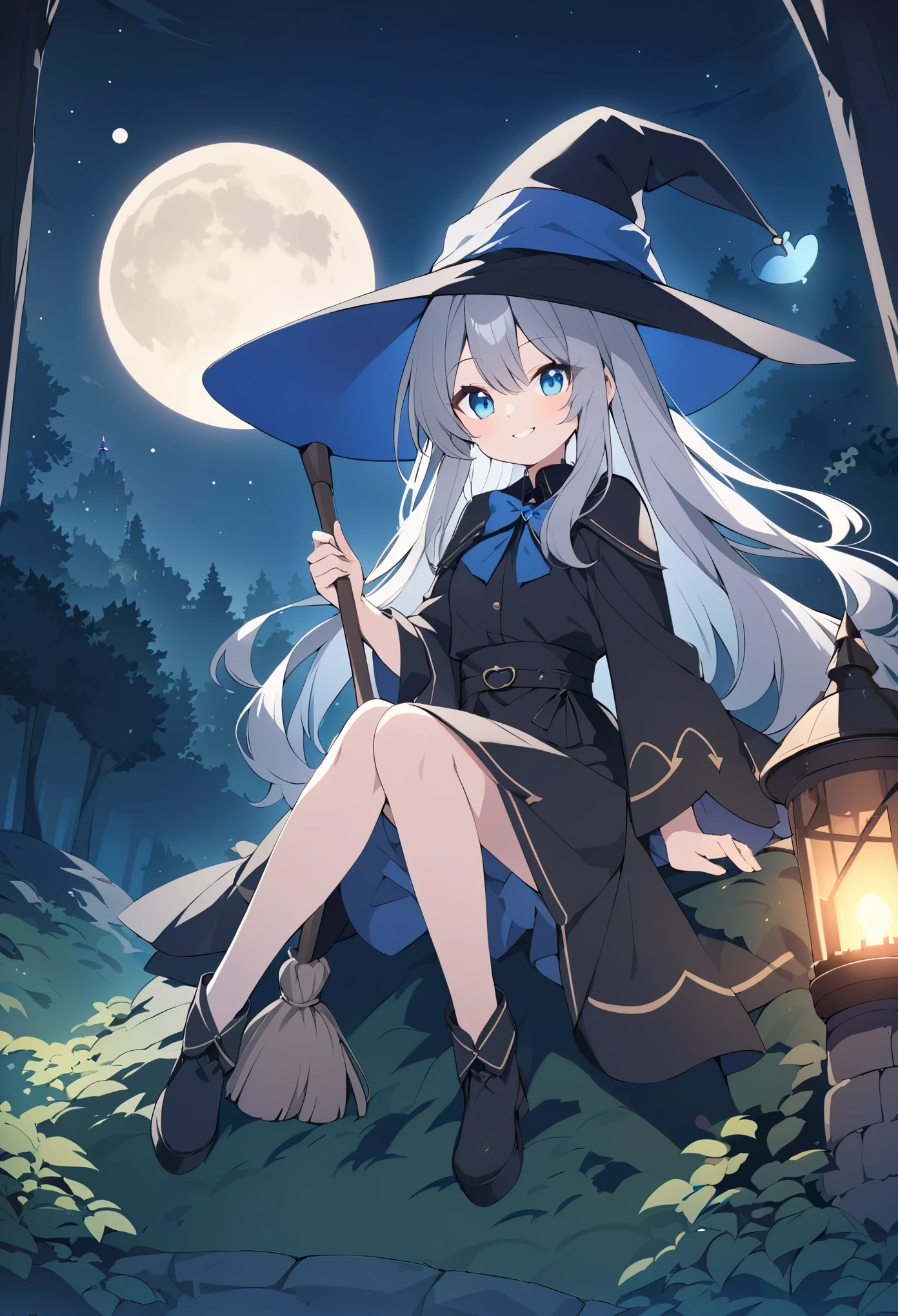 Anime girl with grey hair and black clothes holding a broom and in a forest next to a castle at night, alone girl, hat, solo, witch hat, blue eyes, moon, night, long hair, outdoor, sitting, tree, smiling, sky, full moon