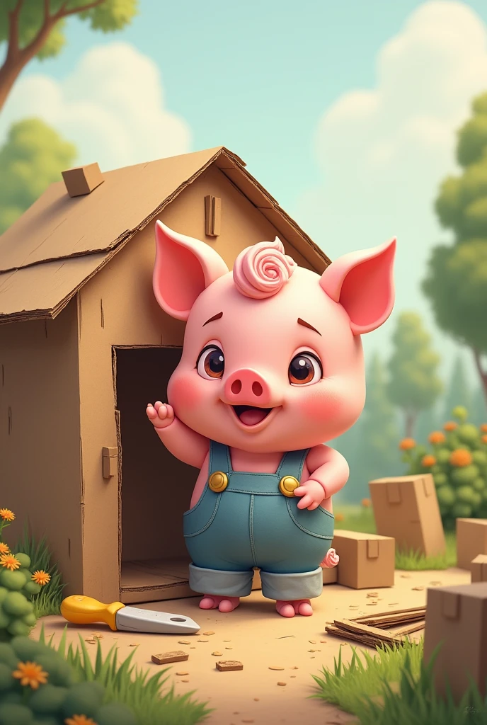 little pig building a cardboard house 