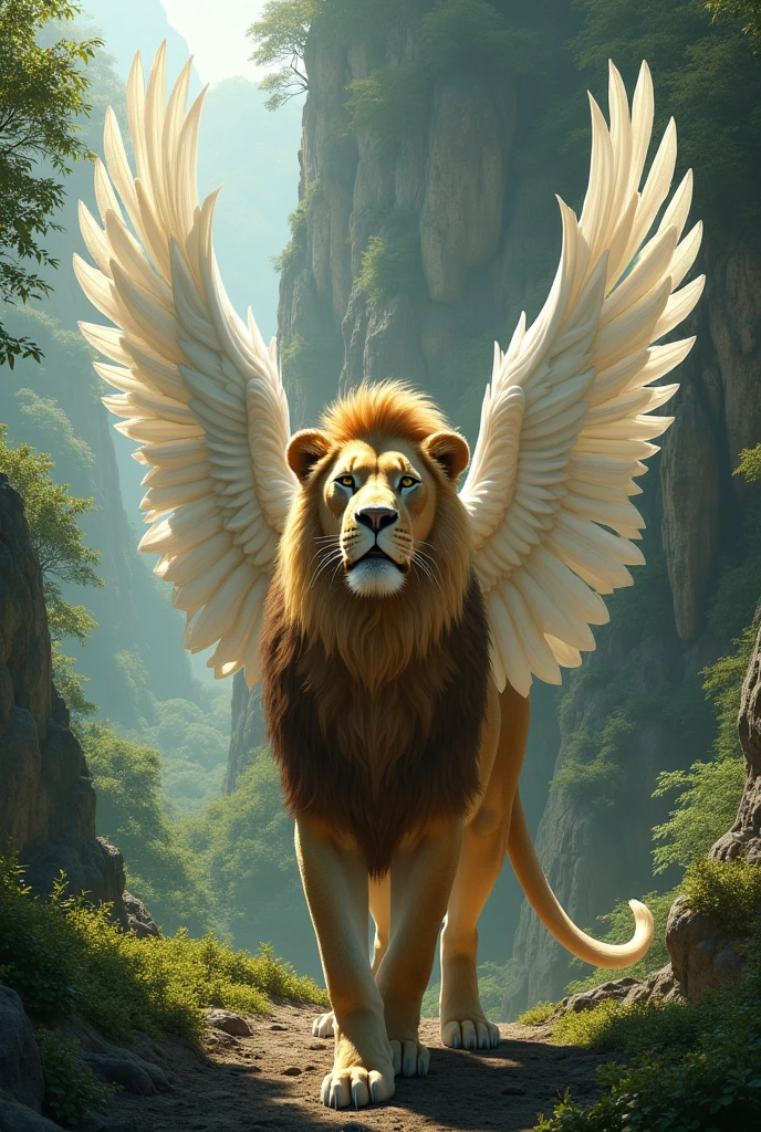 Creature with muscular lion body, woman's head and white wings on her back similar to a sphinx. She is in a forest right in front of a cliff.