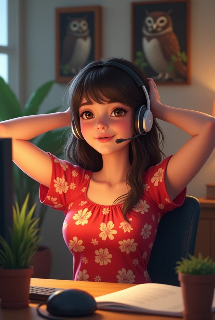 a girl works on a computer, a headset on her head, her hands behind her head, a satisfied face. Great mood. Red dress with flowers print. Home environment. In the background is a portrait of an owl