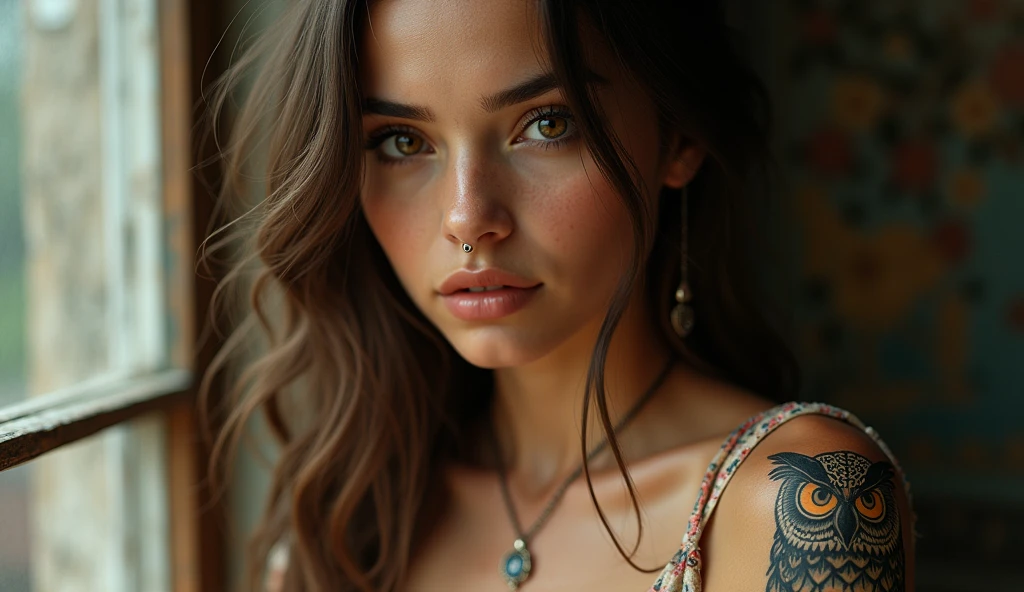 
woman of slavic appearance, with brown eyes and dark eyebrows, fleshy lips, ultra detailed skin with a light tan, smiling, 30years, Scrawny, with an owl tattoo on his right arm, (((wearing a floral dress that covers her shoulders))), and with a pendant around his neck, has his nose pierced,((( the face and hair appear in the image))), (((Further away from the camera))), natural posture, (((breasts big))) 