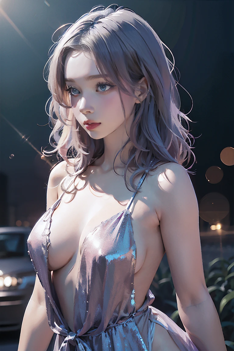 Highest quality, masterpiece, Ultra-high resolution, (Realistic:1.4), RAW Photos, Aesthetics and atmosphere, Dark Shot, Film Grain, Soft Focus, Bokeh, Night Shots, masterpiece realistic volumetric light,,One girl, Purple eyes, Gray Hair, Curly Hair, Grin, (freckles:0.8), thigh, Medium chest, Upper Body, (Sparkling:1.3) Sequined Mini CNS Dress, (panties),ray tracing reflection, Desert street, path, City lights, Beautiful sky, Relying on the wall, From the side,NSFW,Large Breasts, Small waist