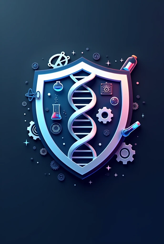 Science club logo, shield, with dna, gears, atom, and science experiment tube 3d logo