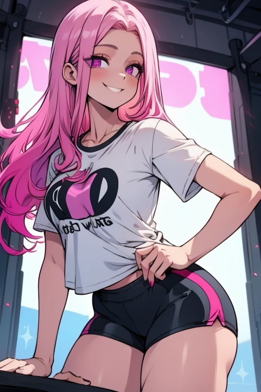 Perfect face. Perfect hands. A pink haired woman with violet eye and an hourglass figure in a t-shirt and gym shorts is smiling while leaning forward by the track