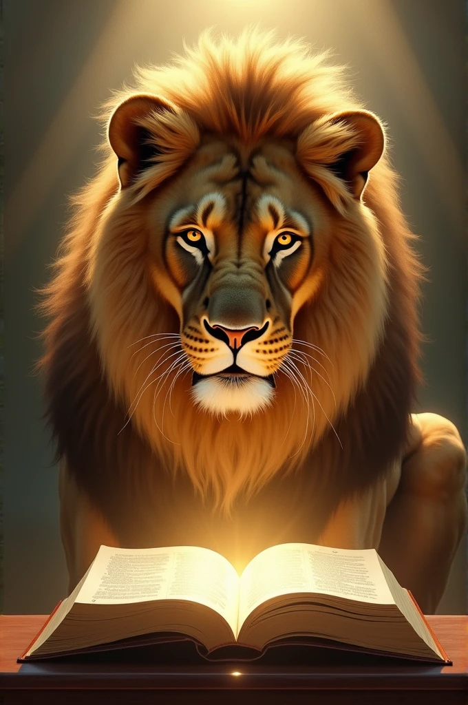 Lion looking at open Bible with light and radiant