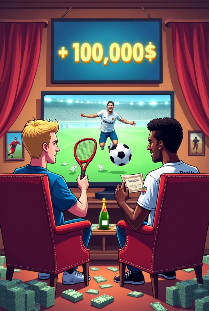 Créer une image pour le paris sportif . Il est censé y avoir deux  homme sur la photo, un de race blanche et l autre de race noire. est&#39 un porte une tenue de tennis  et l autre porte une tenue de foot avec ecrit sur le maillot floqué RONALDO que dans le dos du maillot  . Devrait-il porter une magnifique pièce d&#39;argent. Dans la main gauche, il devrait avoir une raquette de tennis  et l autre un ballon . sur l&#39;image, vous devriez voir une tele avec du sport  en arrière-plan , il devrait y avoir des liasses de billets partout dans la piece , il devrait y avoir des fauteuils de roi dont lequel sont assis les deux hommes  rester, et le tout devrait être en dessin animé et bien mettre une personne de race blanche et l'autre de race noire. , La personne blanche est blonde sans barbe , les deux  hommes sont vue  de dos , au dessus de la tele il doit il y avoir marqué + 10000$ et un des deux hommes saute de joie et il doit aussi avoir du champagne sur la table