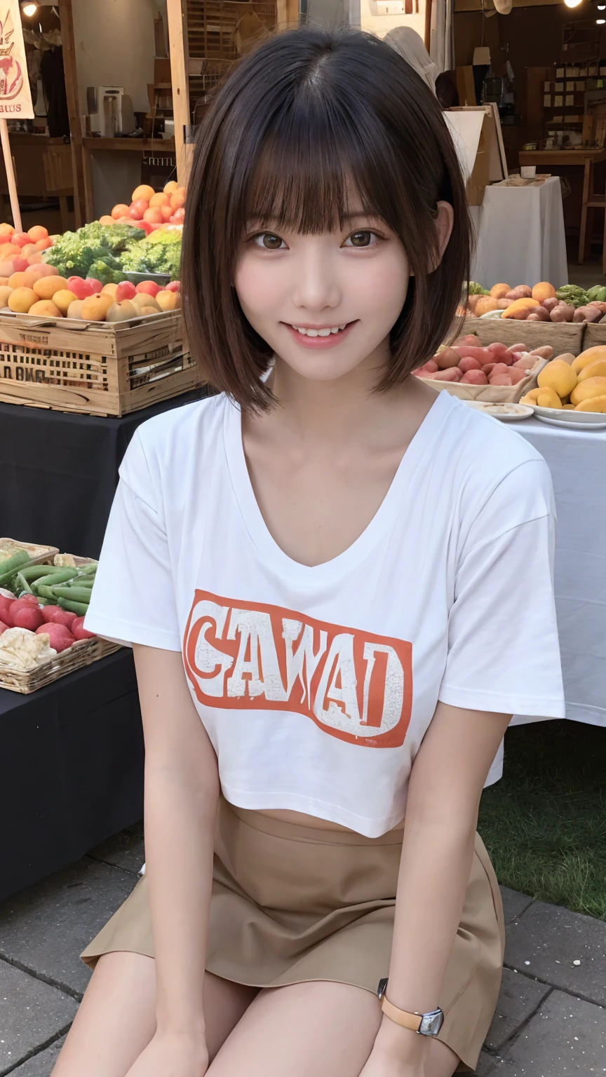 beautiful girl, (Baby Face, logo T-shirt:1.3, Low-rise skirt:1.3), (16 years:1.3), break, (Farmers' Market:1.2), break, Embarrassed laugh, Very beautiful eyes, (Symmetrical eyes:1.3), break, (D cup breasts:1.2), Brown eyes, Parted bangs, Brown bob cut hair:1.3, Round face, cute, break, (Eye and facial details:1.0), Spread your legs:1.3, Shooting from below, Pussy Line, Camel Toe, Looking into the camera, masterpiece, Highest quality, RAW Photos, Realistic, cute人々, Written boundary depth, High resolution, Very detailedな, In detail, Very detailed, Very detailed, Sharp pupils, Cinema Lighting