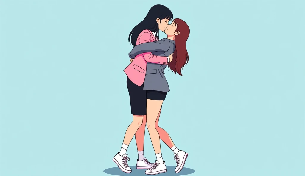 Two girls, long black hairs, yuri, lesbian.
The first girl wear a pink suit jacket, white shirt, black pencil skirt, black underpants, white socks, white sneakers high top.
The second girl wore a grey suit jacket, white shirt, black pencil skirt, black underpants, white socks, white sneakers high top.
french kiss, lesbian kiss, hugging kiss, sensual body, closed eyes, light blue, novel cartoon, 4K, HD.