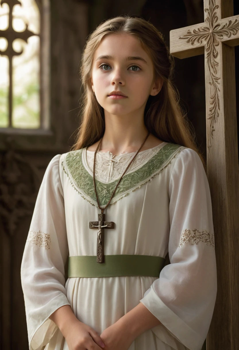 The French teenager is of petite stature and has smooth light brown hair, that reach up to her shoulders. Her eyes are big and green. She wears a simple, but elegant white dress in a muted color. She is wearing a pendant with a small cross. Behind her rises a majestic wooden cross, decorated with filigree carvings. The cross is surrounded by soft light, that fills the scene with a warm and calming atmosphere. The girl looks thoughtfully up at the cross, while a touch of awe and peace flits across her face.