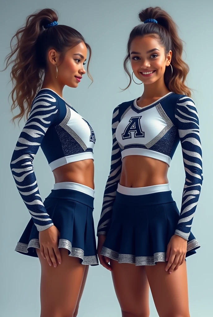 A stylish yet modest cheerleading outfit that represents a white tiger with the colors dark blue and glittery silver with the two models one facing the front and one facing the back showing it make the sleeves the tiger’s pattern but instead make it dark blue with rhinestone and a cute mini skirt for the bottom make sure it’s school appropriate and the chest part should have the letter A embodied on it no skin showing
