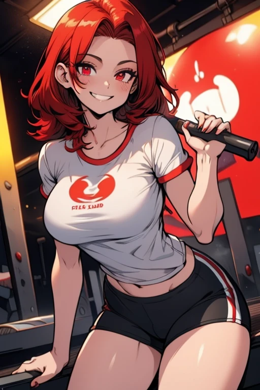 Perfect face. Perfect hands. A red haired woman with red eyes and an hourglass figure in a t-shirt and gym shorts is smiling while leaning forward by the track