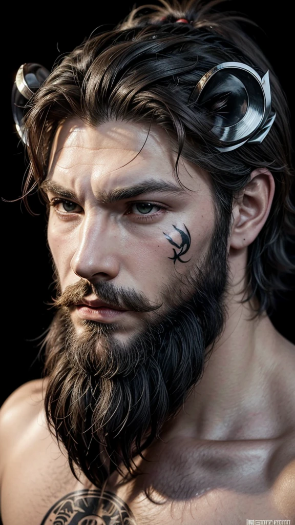 tattoo decal, realism, Greek god of hunting, only the upper part, well bearded, with a lion's head as a helmet, with a background with claws, black and white decal, with realistic features
