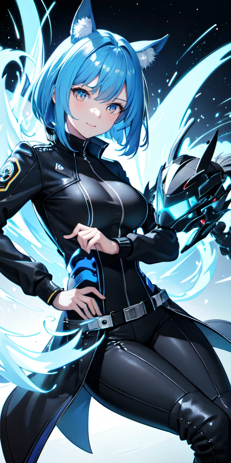 1 person,woman,Short bob hairstyle,Blue Hair,Blue Flame, Vortex of flames,wallpaper, Wind景,Depth of written boundary, night, Particles of light, light, Side light, Thighs,****, cloud,Gaze, Large Breasts, Golden Eyes, Horse ears, Bright smile,Open your mouth,Wind,Ride a blue motorcycle,vehicle,Driving,Straddle,Riders jacket,Riders pants,