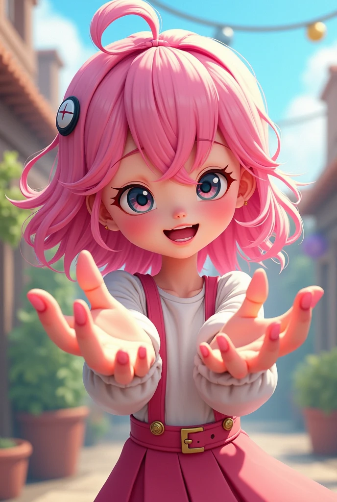 The same pink-haired girl cartoon shows a 3D hand gesture.