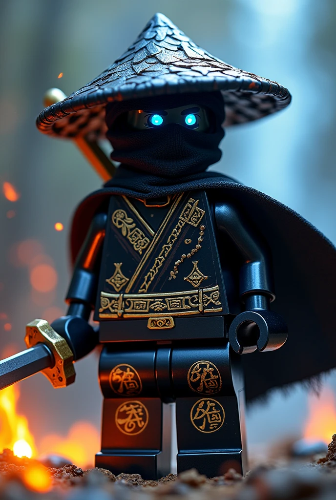 Créer moi un lego ninja go avec pas de muscles et ni de masque le premier maitre du spijisufuturiste de la dernière puissance fusionnaire et doit être en lego un ninja avec un chapeau de paille noir, avec un bandeaux noir cachant la bouche avec une cape noir derrière le dos sombre et avec une peau noir foncé noir sombre et un regard terrible avec des yeux en éclair bleu avec une puissance incroyable avec comme puissance élémentaire l’électrique, l’énergie, la terre, le feu, la glace. Les habits du ninja doit être tout noir avec des traces grise bleu foncé avec des reure en forme de force, d'électricité, de feu en or et des écritures japonaises et le parchemin antique du spinjisu interdit sacré le plus puissant en golden avec des symboles de lions sur le torse. Un ninja imbattable monstrueux beaucoup trop puissant qui contrôle tous les pouvoirs élémentaires. Le ninja doit être destructeur et soif de victoire un gentil et méchant avec un sabre et le parchemin du spinjisu interdit accroché sur le dos