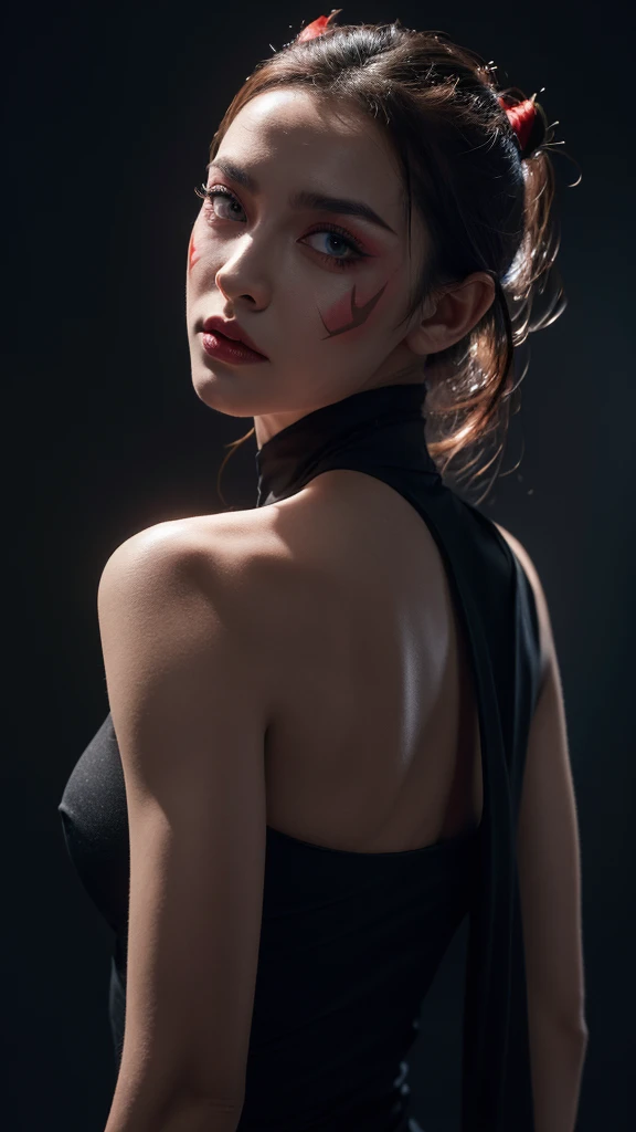 a skinny girl, serious expression, flat chest, dark side, beautiful detailed eyes, beautiful detailed lips, extremely detailed eyes and face, long eyelashes, (best quality,4k,8k,highres,masterpiece:1.2),ultra-detailed,(realistic,photorealistic,photo-realistic:1.37),dark blurred background,dark side,chiaroscuro lighting,moody lighting,dramatic lighting,cinematic lighting, looks like Darth Maul