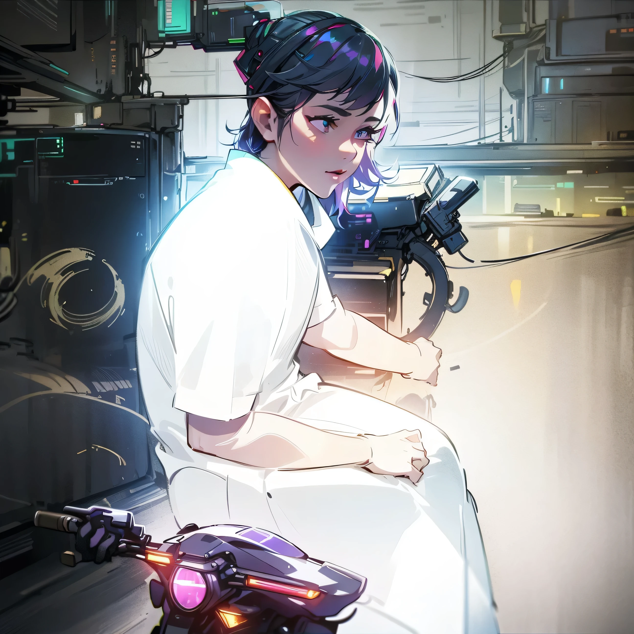 there is a man sitting on a motorcycle with a helmet on, with lovely look, profile picture 1024px, photograpgy, without helmet, inspired by Sarper Baran, very very low quality picture, by Sarper Baran, gangly, student, candid picture, ayan nag, scenary, front profile!!!!HD, (Best Detail), (Best Quality), colorful, cyberpunk, neon, beautiful lights, purple reflections,