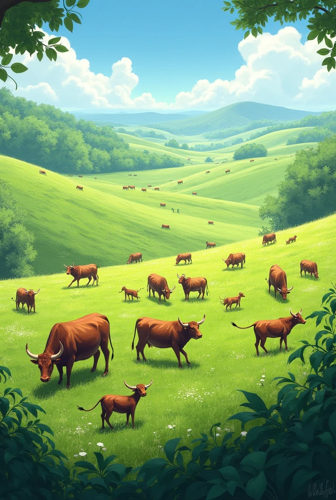 Create an image of a vast pasture with cattle roaming around. The pasture should have a green plantation with several cows and bulls eating and some just walking around. O estilo deve ser realista. The image must be in high resolution.