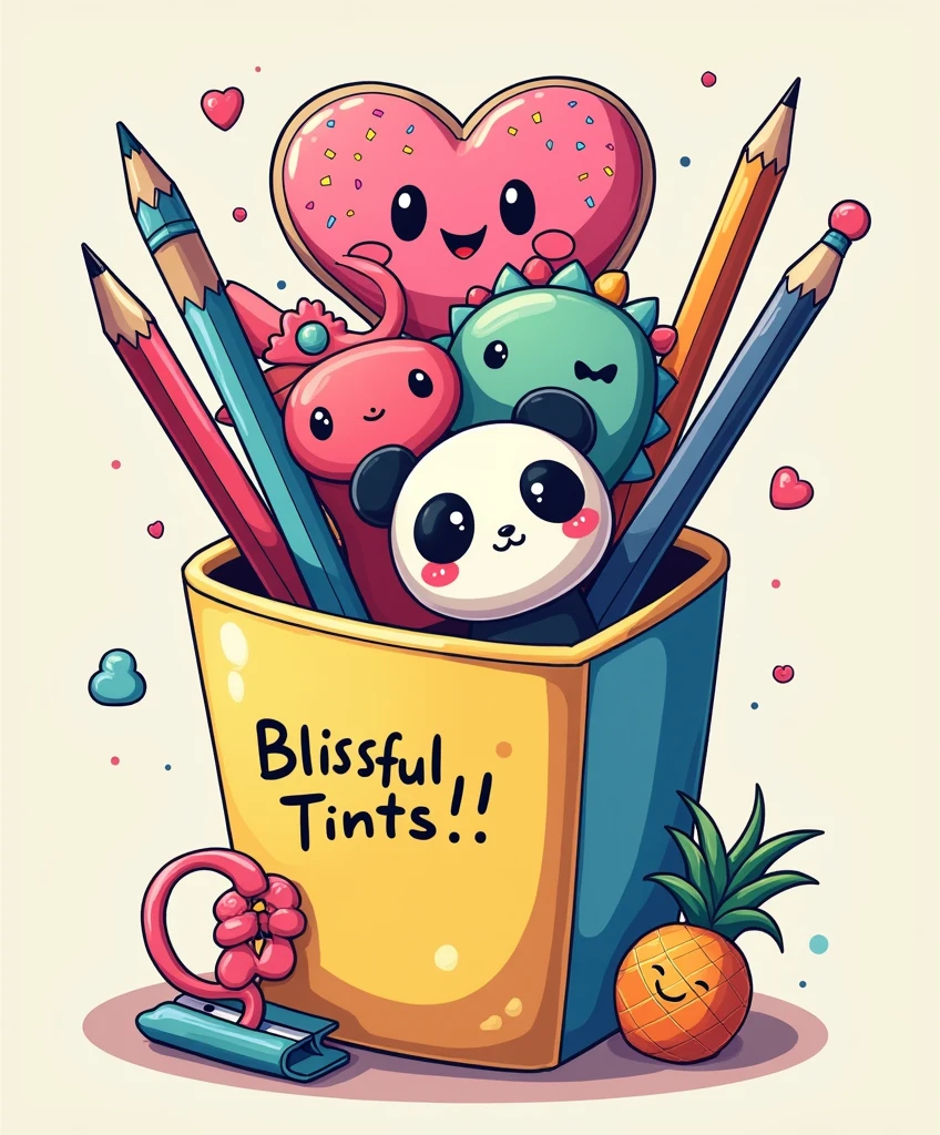 "Create a detailed cartoon-style illustration with fine, delicate strokes, aimed at female and teenage audiences. The art should represent a pencil holder of any fun shape. Each side of the pencil holder should be divided into vertical blocks with the colors yellow, blue and pink, and contain a 3D heart with a smiley face, olhos grandes e brilhantes, rosy cheeks, and a small black nose. Inside the pencil holder, Add a variety of pens and pencils with fun decorative tops, SOM: A pink donut with frosting and colorful sprinkles. A red bag of chips with eyes and a smile. A pink dinosaur with white outlines. Um coração verde de cacto com um sorriso e rosy cheeks. A panda with a cute expression and big, bright eyes. A blue pompom with blue cat ears and a happy face. Um pincel com cabo colorido em blue and pink, and realistic brown bristles. Also include paper clips positioned underneath the pencil holder.: a pink clip with a smiling pineapple ornament and a blue clip with a smiling orange ornament. Below the pencil holder, adicione o texto 'Blissful Tints!!' in a light and fun handwritten font, In the black color. Use a vibrant, saturated color palette, with soft shadows to give slight depth to the elements. Make sure the illustration has a high school, summer vibe, transmitting fun and creativity. The artwork must be suitable for shirt printing, maintaining an organic distribution and avoiding rigid rectangular shapes." ((Squishmallows must appear somehow interacting interactively with the illustration))