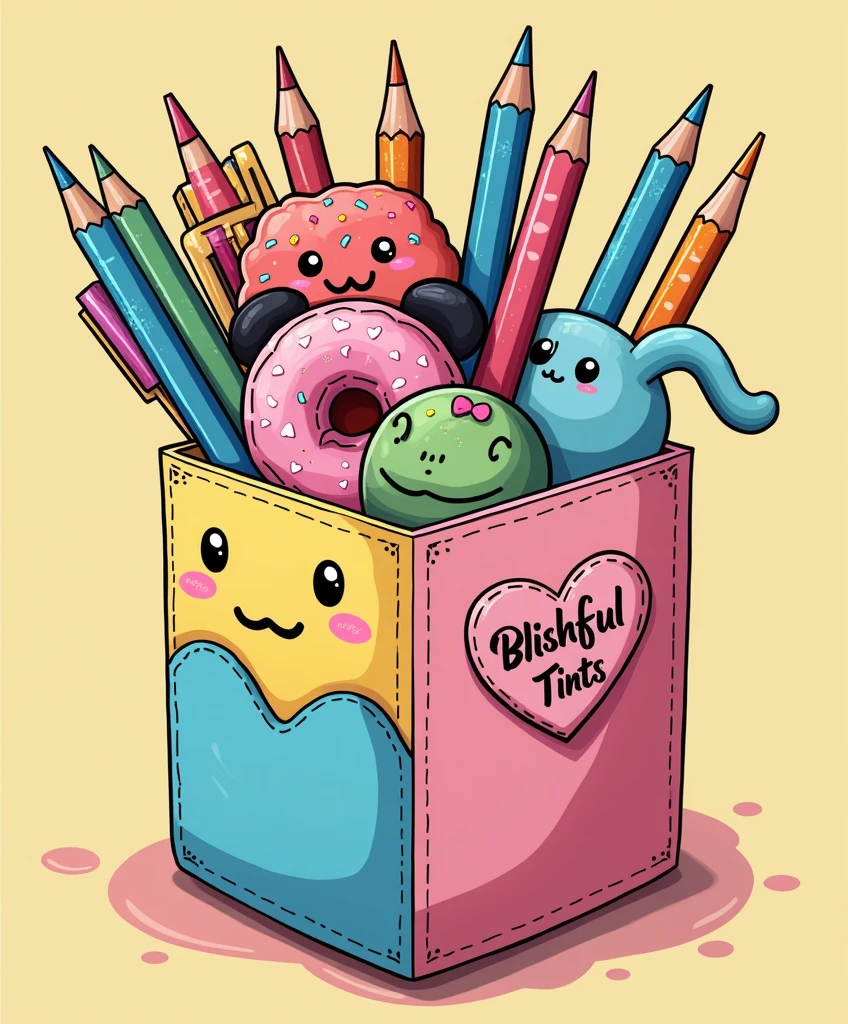 "Create a detailed cartoon-style illustration with fine, delicate strokes, aimed at female and teenage audiences. The art should represent a pencil holder of any fun shape. Each side of the pencil holder should be divided into vertical blocks with the colors yellow, blue and pink, and contain a 3D heart with a smiley face, olhos grandes e brilhantes, rosy cheeks, and a small black nose. Inside the pencil holder, Add a variety of pens and pencils with fun decorative tops, SOM: A pink donut with frosting and colorful sprinkles. A red bag of chips with eyes and a smile. A pink dinosaur with white outlines. Um coração verde de cacto com um sorriso e rosy cheeks. A panda with a cute expression and big, bright eyes. A blue pompom with blue cat ears and a happy face. Um pincel com cabo colorido em blue and pink, and realistic brown bristles. Also include paper clips positioned underneath the pencil holder.: a pink clip with a smiling pineapple ornament and a blue clip with a smiling orange ornament. Below the pencil holder, adicione o texto 'Blissful Tints!!&#39; in a light and fun handwritten font, In the black color. Use a vibrant, saturated color palette, with soft shadows to give slight depth to the elements. Make sure the illustration has a high school, summer vibe, transmitting fun and creativity. The artwork must be suitable for shirt printing, maintaining an organic distribution and avoiding rigid rectangular shapes." ((Squishmallows must appear somehow interacting interactively with the illustration))
