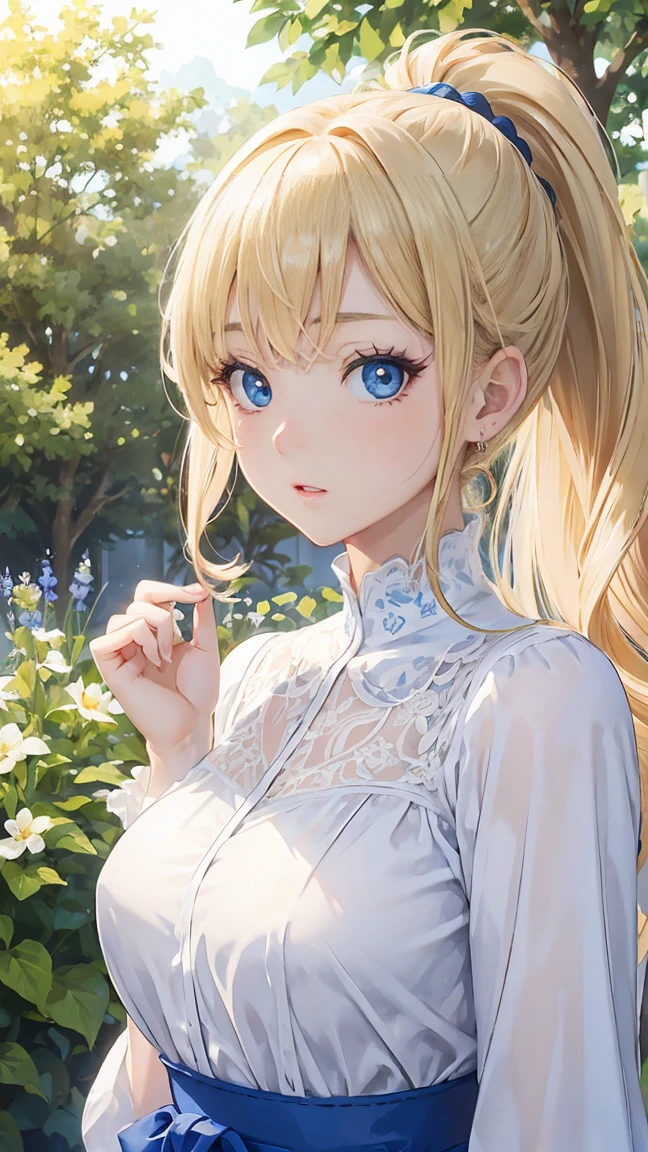 (masterpiece:1.2), (highest quality:1.2),, Curvy but slender body, perfect eyes, perfect face, perfect lighting, 1 girl, in the garden, (blouse),(Lady),(noble),(whole bodyのショット),(ponytail),(I can see my ankles),curly hair, fine clothes, detailed outdoor background, compensate, eye shadow, thick eyelashes, fantasy, looking at the viewer, whole body、blue sky、Bright and very beautiful face、young shiny glossy white shiny skin、the best beauty、the most beautiful bright blonde hair in the world、thin hair、long hair、Shining beautiful bangs、big shining blue eyes、Very beautiful and lovely 1, the most beautiful girl in the world、small breasts