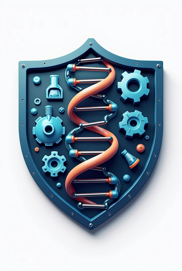 Science club logo, shield, with dna, gears, atom, and science experiment tube 3d logo