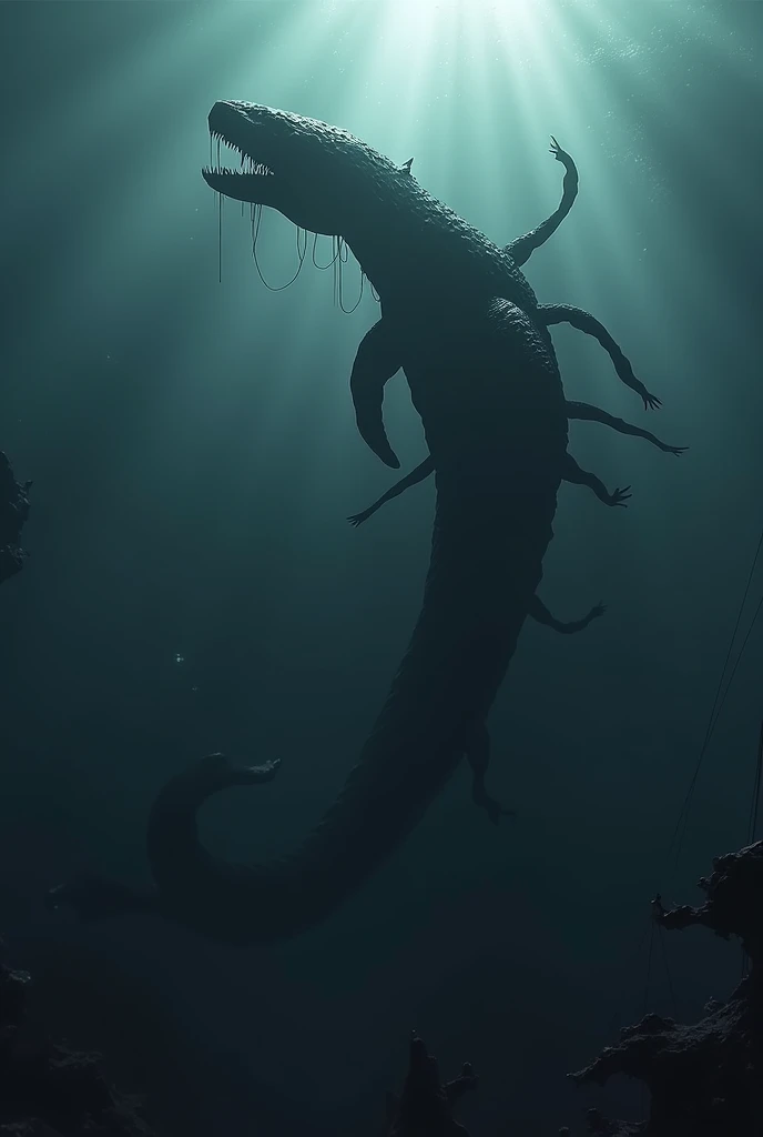 engine unreal, octane rendering,Describe a, mysterious sea creature known as the 'Eclipse Leviathan'.'The creature is over 100 meters long, and its body is composed of a dark, dark substance that appears to absorb light, making it nearly invisible in direct sunlight. Show the Leviathan emerging from the ocean floor, surrounded by darkness even during the day, with only faint glimmers of light reflecting off its nearly invisible form. The creature must have a, Indefinite form, resembling a mix between a giant snake and a whale, with shadow tentacles coming out of his body. The ocean around you must look menacing and scary., with evidence of lost ships and deep-sea creatures visible in the background, increasing the feeling of dread"