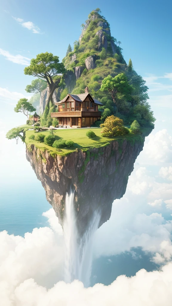 An afternoon landscape with a flying island very high up, featuring a semi-permanent house surrounded by shady trees, and the water falls downwards. The scene should have a cloudy sky, colorful and vibrant colors, rim lighting, high definition photography, exquisite details, natural light, strong color contrast, surreal elements, high resolution, and be isolated on blue.