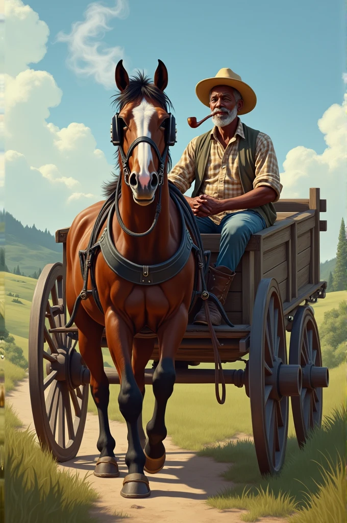 An old black man in a wagon pulled by a brown horse, the man wears boots, jeans, checkered shirt, straw hat, and smoking a pipe 
