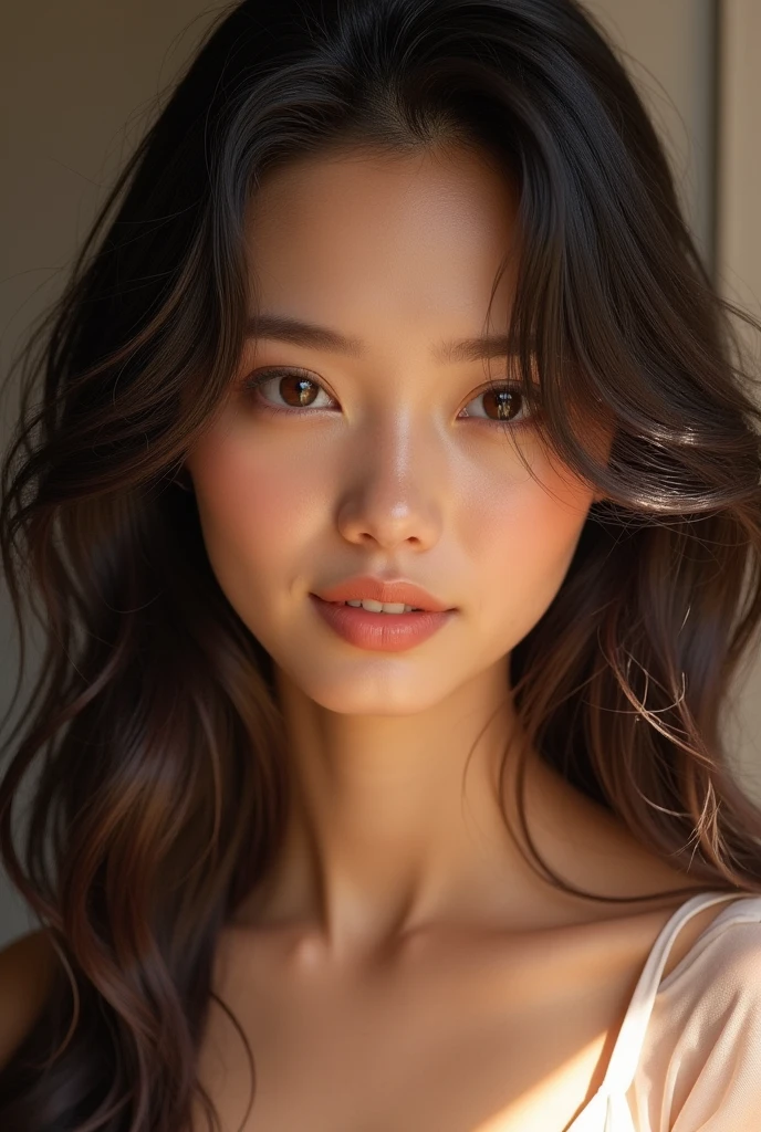 A sweet girl with a radiant look in her tenderness, a confident look, young beauty, long wavy hair and dark as night