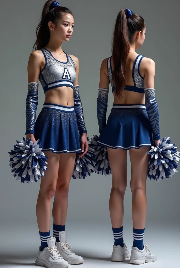 A stylish yet modest cheerleading outfit that represents a white tiger with the colors dark blue and glittery silver with the two models one facing the front and one facing the back showing it make the sleeves the tiger’s pattern but instead make it dark blue with rhinestone and a cute mini skirt for the bottom make sure it’s school appropriate and the chest part should have the letter A embodied on it