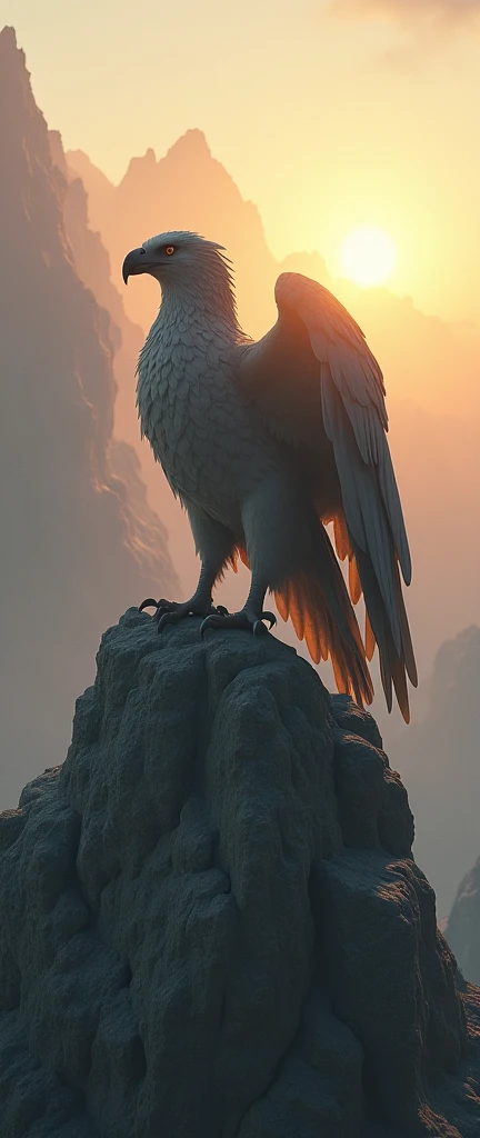 8k, best quality, masterpiece, realistic, ultra detail, photo realistic, hyper realistic, a huge gray griffin sitting on the top steep ridge of rocky mountain, the griffin looking up the sky and the rising sun shines the griffin from behind. sharp sun ray into the camera, 