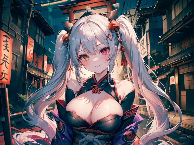 nsfw,((1girl)), (masterpiece, best quality), High resolution, Very detailed,4K,8k, ((Anatomically correct number of limbs),(Anatomically correct number of fingers)), ((seductive smile) ,(silver hair,Long twin tails,shiny hair:1.3), ((oiran),(Clothes with purple glitter lines)), (heterochromia,(red eye,green eye))), ((),beautiful breasts,curate Night), (Cyberpunk),(japanese shrine),Vibrant neon glow)