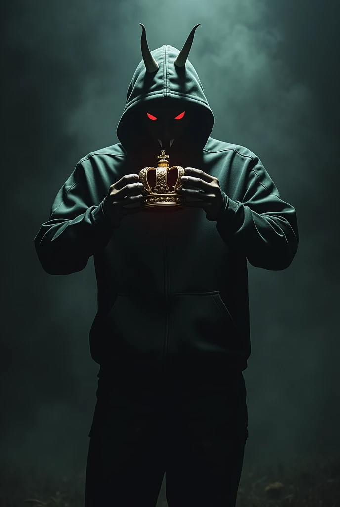 A dark devil shadow holding crown in track suit