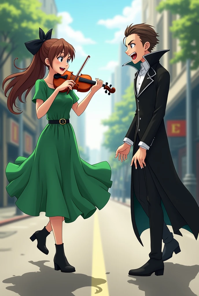  Anime style A viola player in a green dress in the middle a belt is. With a warm smile she moves rhythmically to the beat. Brown hair Clacking black bow heeled boots. On the street a vampire with big red eyes and sharp teeth runs over to her smiling, both blush at the mutual sight The vampire boy has wood-brown hair and a black and white