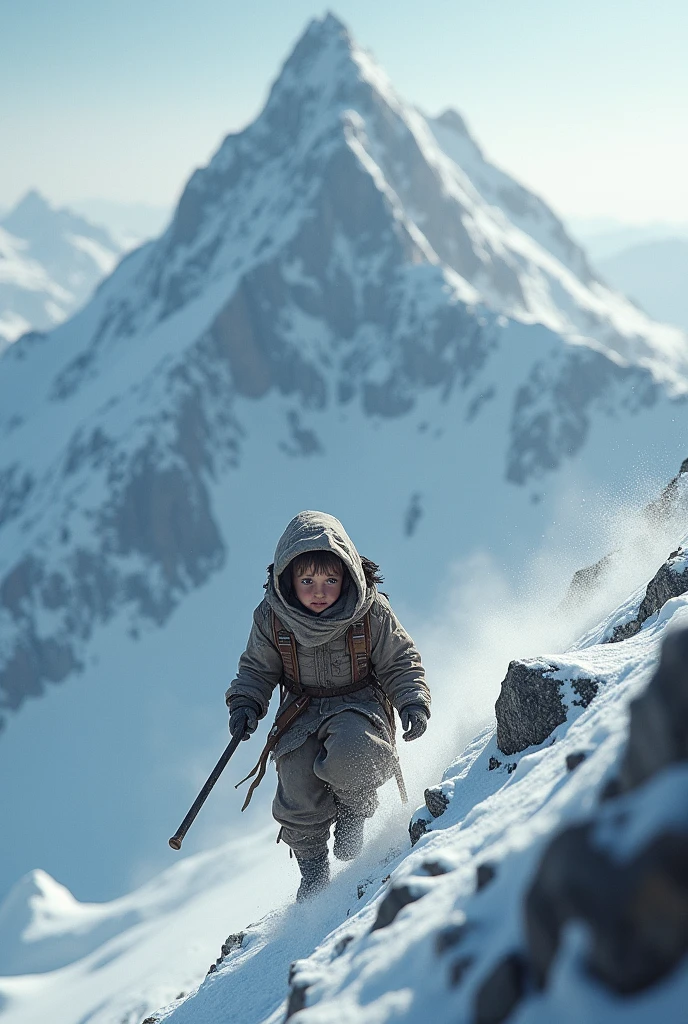 a helpless and wounded child going to the top of a mountain