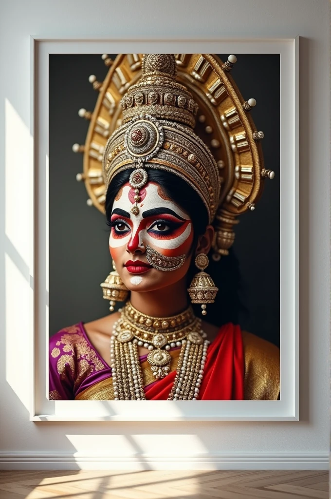 Kathakali photo in a white frame mounted in a home wall