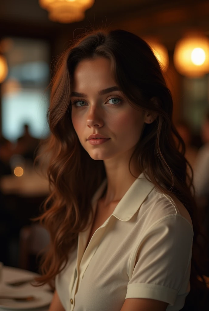 BeLLe brune aux refLets bLonds, PoLo éLégant ,assis dans un restaurant de Luxe , Lumières esthétiques sombres, Très détaiLLé, 22 ans, Visage innocent, NatureaL wavy hair, yeux bLeus, haute résoLution, head of'artwork, MeiLLeure quaLité, niveau de détaiL compLexe et éLevé, très détaiLLé, sharpness, peau détaiLLée, reaListic skin texture, texture, Yeux détaiLLés, ProfessionneL, 4K, charming smile , fiLmé avec Canon, 85 miLLimètres, FaibLe profondeur de champ, couLeur de vision kodak, corps parfaitement ajusté, extrêmement détaiLLé, Photor_\(uLtra\), photoréaListe, réaListe, Après traitement, détaiLs maximum, roughness, La vraie vie, uLtra reaList, PhotoréaLisme, Photo, 8k uh, Photo, ((L'image corporeLLe)), head of'artwork, MeiLLeure quaLité, uLtra détaiLLé, Nature, names, blissful, shade, sharp contrast, Efface Le cieL, StyLe, (Ton chaud, Tonne pLus chaude: 1.2), toe, cinematic light, ÉcLairage LatéraL, uLtrahaute résoLution, bester shade, spirit, part of the face, serious look, Normal breasts, 4K, Nature, Super, sup