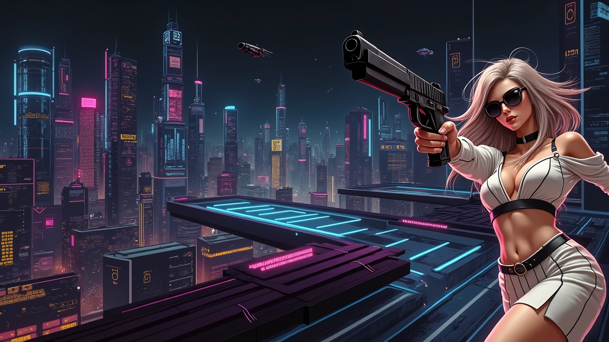 Futuristic cityscapes with colorful all-glass outlined towering skyscrapers with lightning, flying vehicle. High-resolution OLED GUI interfaces in the building, The windows are filled with transparent data visualization infographics that show it all, Egyptian fantasy arts, Egyptian statue, (Egyptian hieroglyphics). Colors are saturated and vibrant. At night, (1girl, solo, alone), photorealistic, large-breast slim:0.6 body, oval:0.5 face, cleavage:1.1, very low angle view of pleated miniskirt, deep-v, (upskirt), glove, (Matrix style black micro sunglasses), (aiming viewer with a short gun), dynamic running pose, (half-body thigh level close-up shot), cinematic lighting, ray tracing, motion blur background.