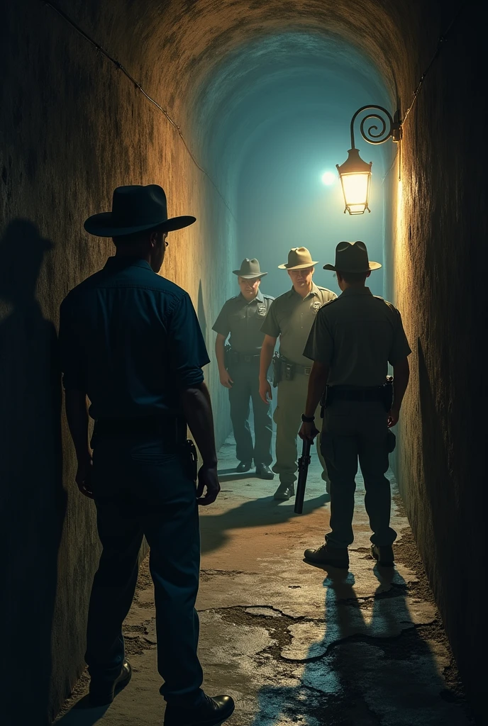 Scene Description:
Characters: Tom Sawyer, Huckleberry Finn, and several detectives. Tom and Huck look determined and ready for battle, while the detectives in police uniforms appear tense and focused.
Spatial Positioning: The scene takes place in an underground passage or cave where Tom and Huck are hiding behind a wall, while the detectives cautiously approach.
Objects: Dark underground walls, light sources from torches or lamps. The detectives' weapons and investigative tools.
Atmosphere: Intense and tense, with a stark contrast between the darkness of the underground and the bright torchlight. There is a sense of danger and secrecy.